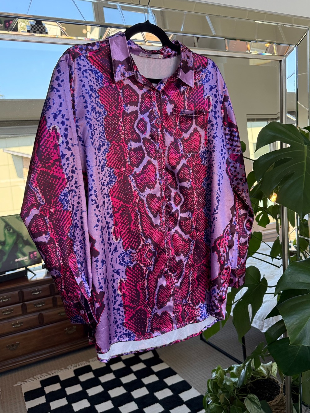 Elsie & Fred | Exotic Printed Oversized Satin Button Blouse